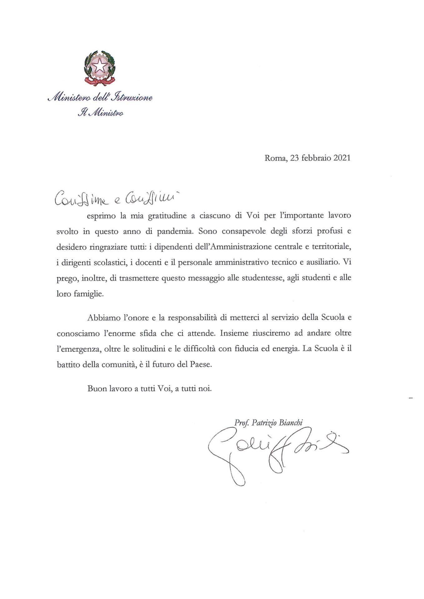 Lettera Ministro Bianchi